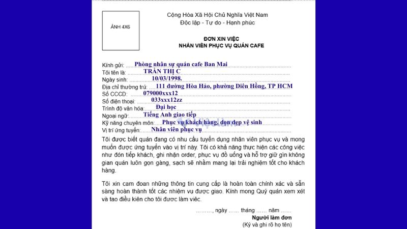 Mẫu đơn xin việc nhân viên phục vụ quán cafe