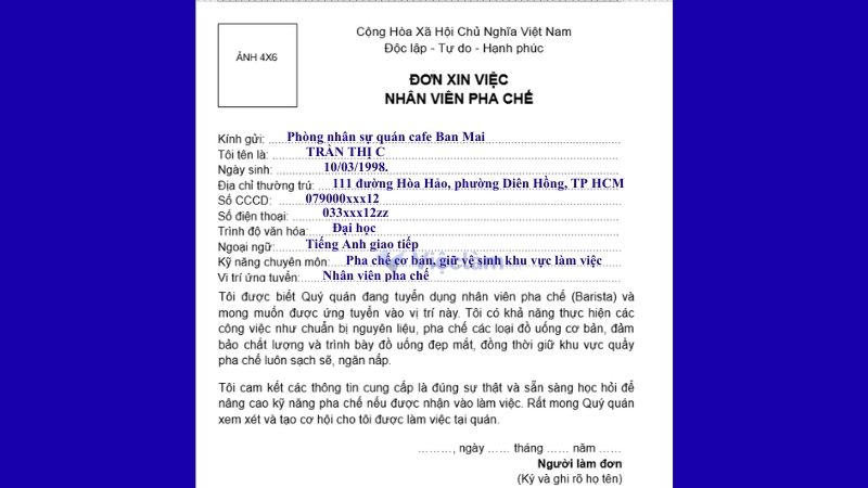 Mẫu đơn xin việc nhân viên pha chế (Barista)