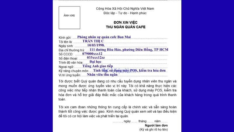 Mẫu đơn xin việc nhân viên thu ngân quán cafe