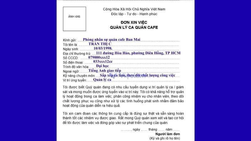 Mẫu đơn xin việc quản lý ca / giám sát quán cafe