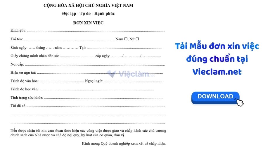 Tải mẫu đơn xin việc chuẩn, đa dạng ngành nghề tại Vieclam.net