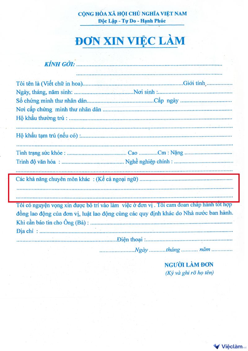 Ngoại ngữ trong đơn xin việc gộp trong mục "Các khả năng chuyên môn khác"