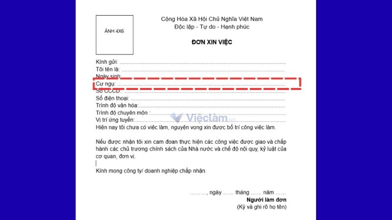 Mục cư ngụ trong đơn xin việc
