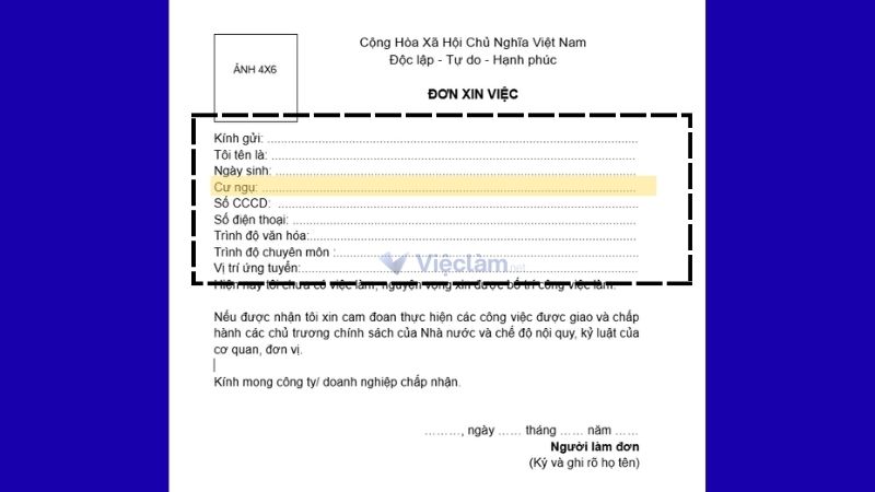 Vị trí mục cư ngụ trong đơn xin việc