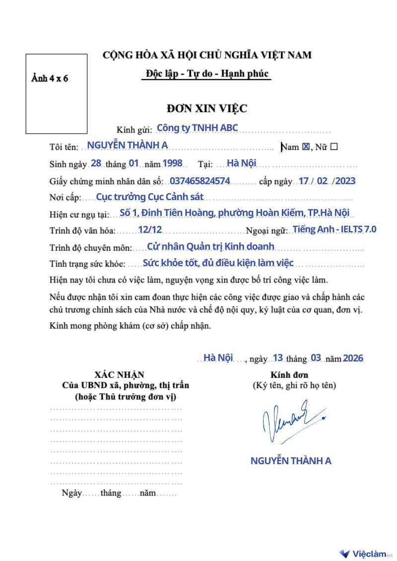Mẫu đơn xin việc chuẩn tại Vieclam.net