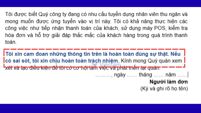 Mẫu lời cam đoan trong đơn xin việc 1