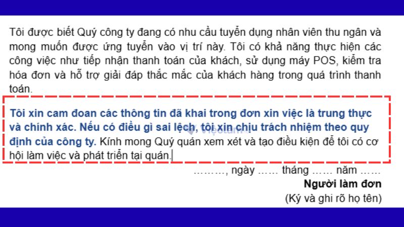 Mẫu lời cam đoan trong đơn xin việc 3