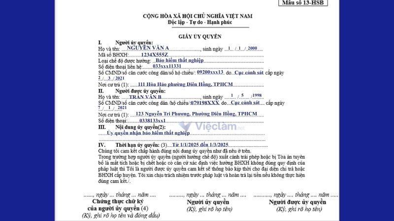Mẫu giấy ủy quyền nộp thay hồ sơ bảo hiểm thất nghiệp