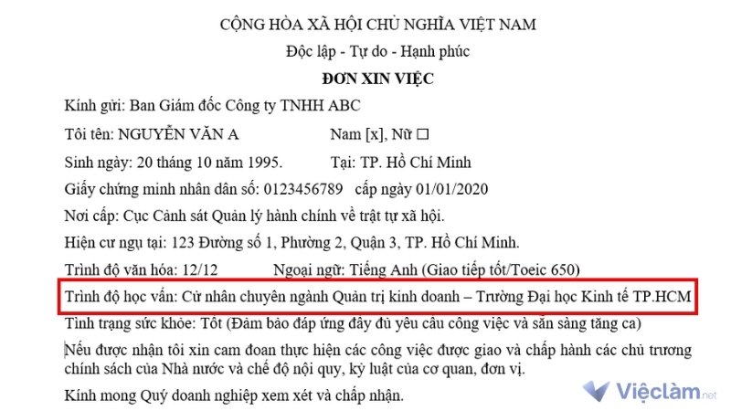 Mẫu đơn xin việc có mục Trình độ học vấn riêng