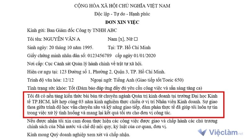 Mẫu đơn xin việc không có mục Trình độ học vấn riêng, lồng ghép vào phần giới thiệu
